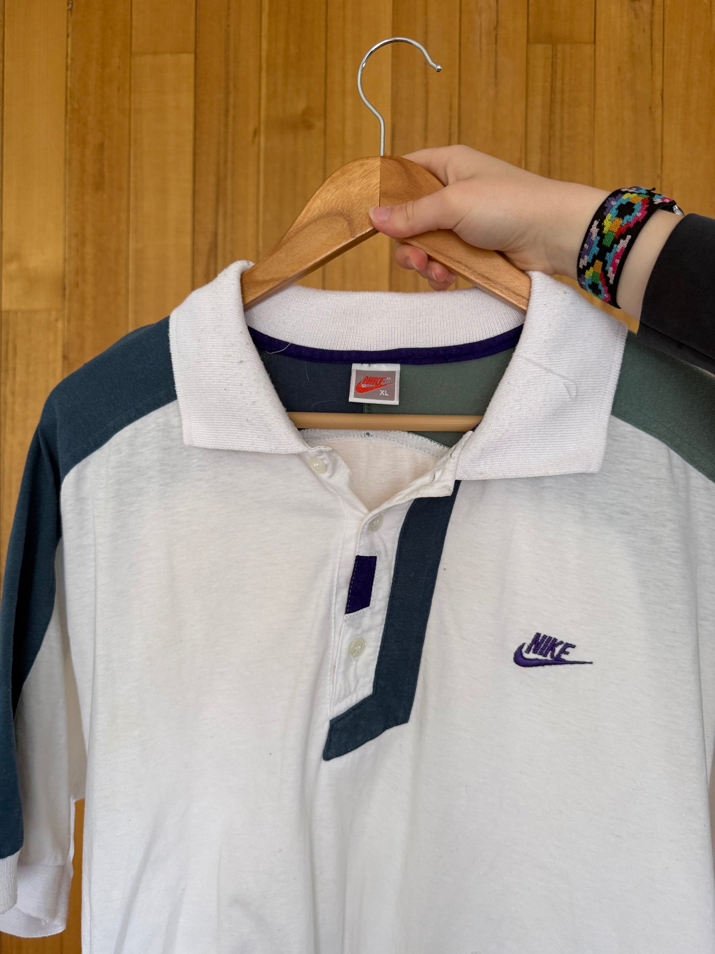 1990's Nike Tennis Supreme Court Polo Shirt - White/Green/Purple