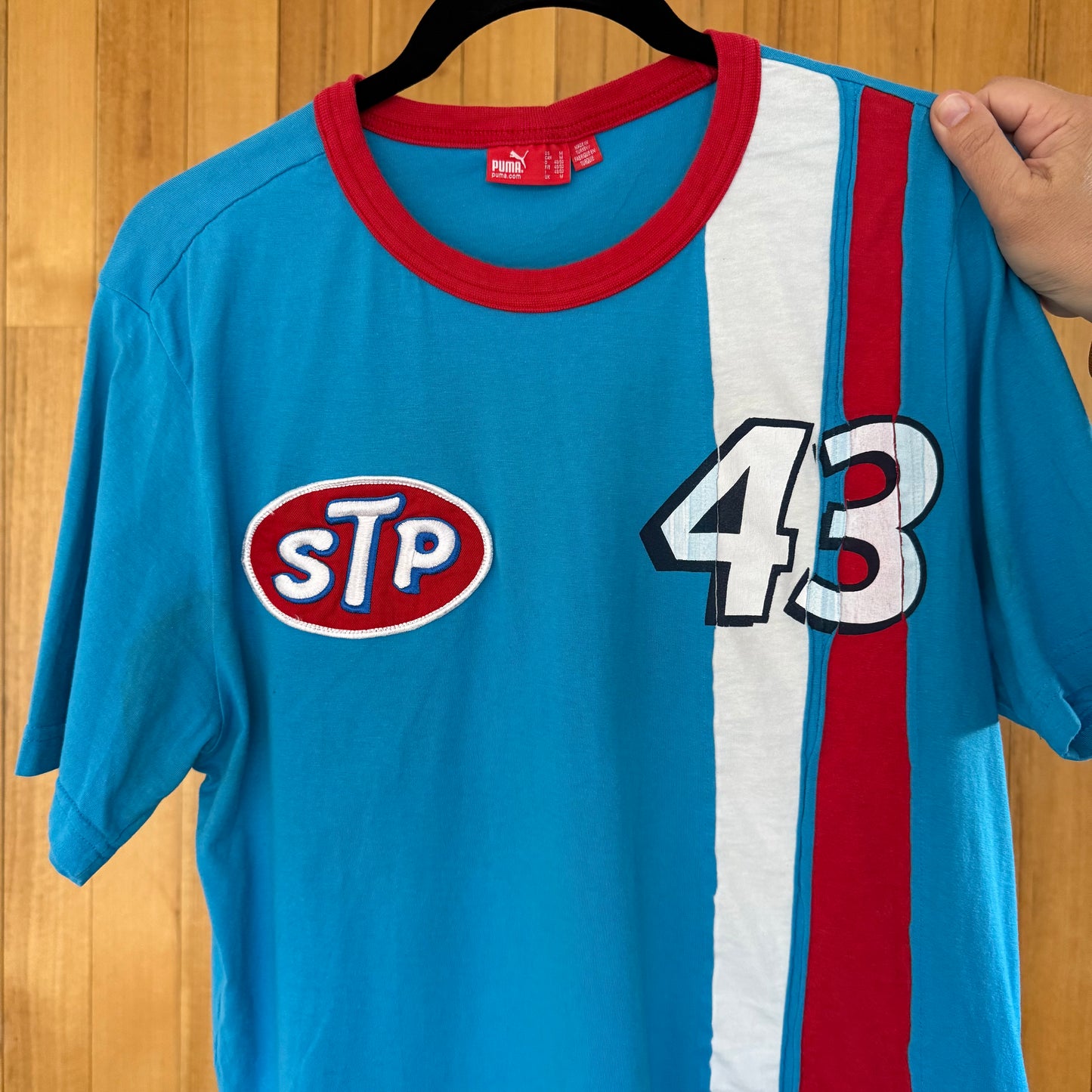 Puma label detail on blue Richard Petty STP racing t-shirt