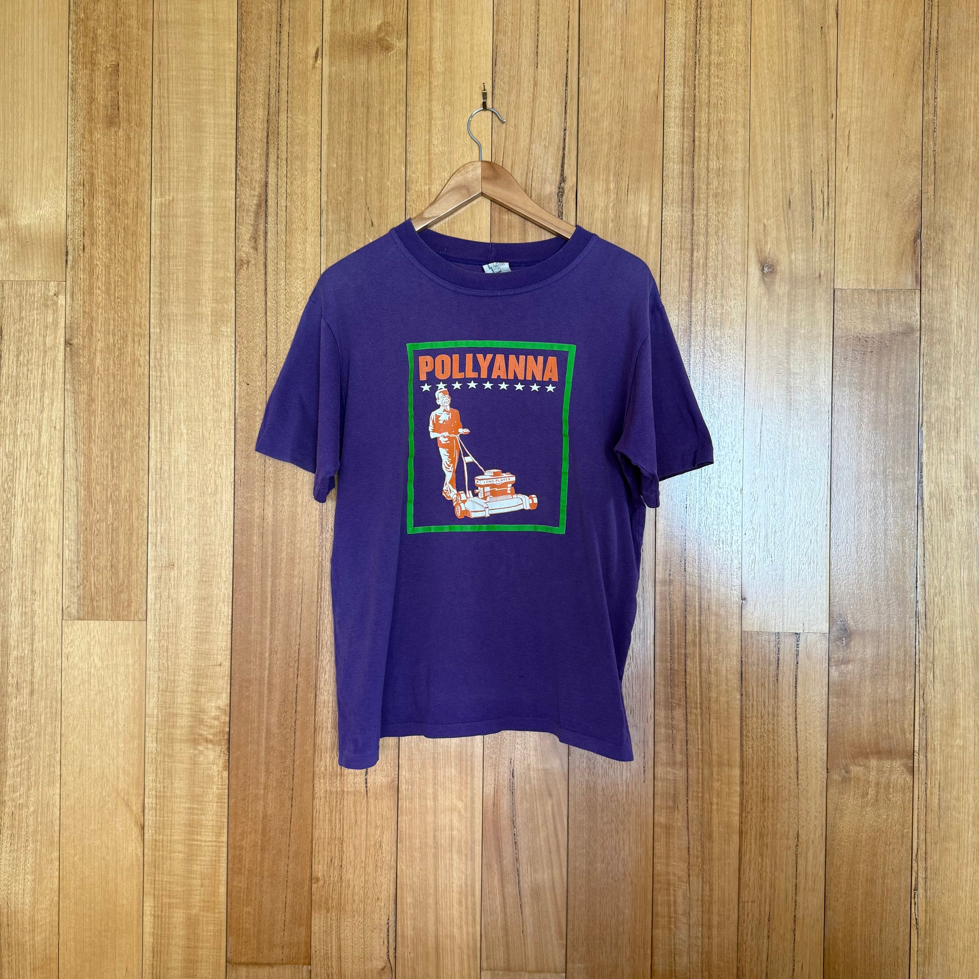 1990s Pollyanna concert T-shirt in purple with green and orange print, authentic vintage band merchandise, pre-owned condition