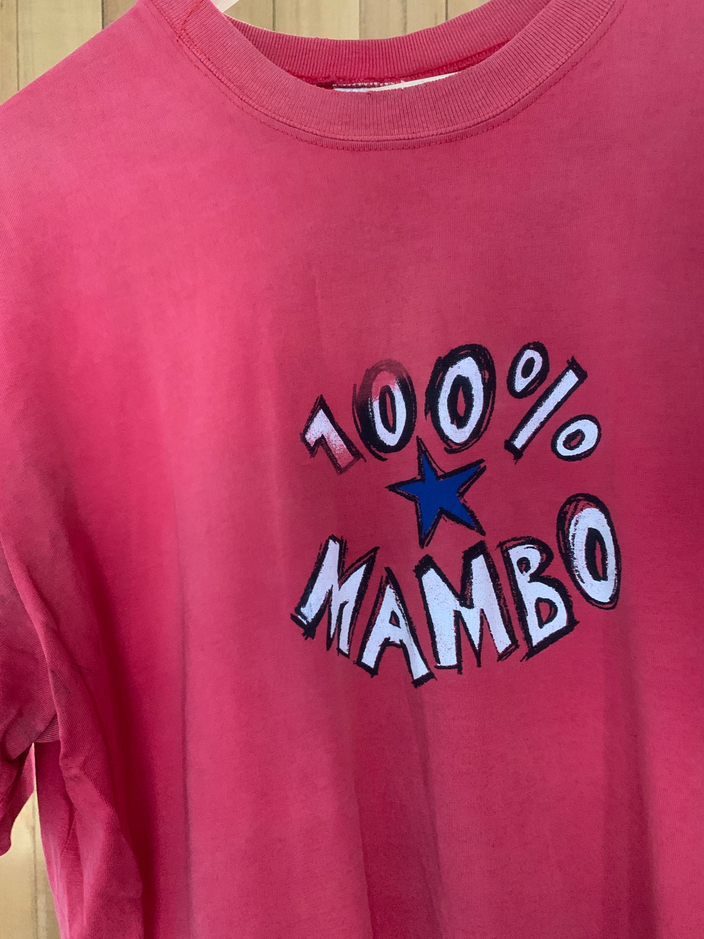 Mambo logo detail on red 1980s Australian surf culture t-shirt