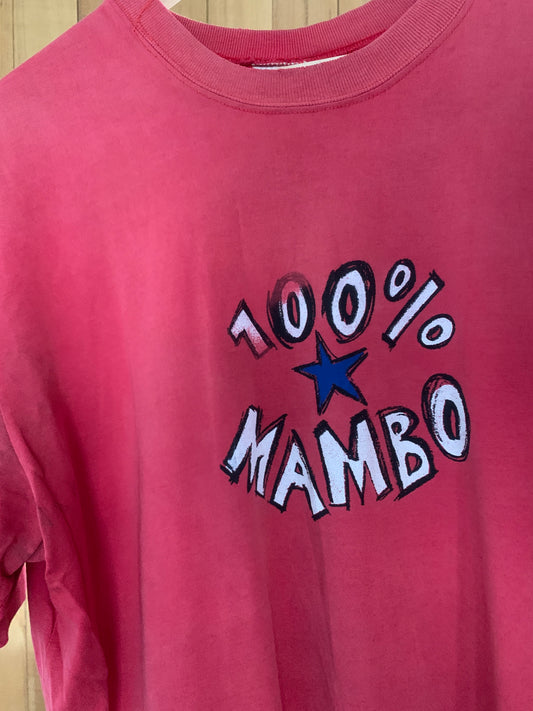 Mambo logo detail on red 1980s Australian surf culture t-shirt