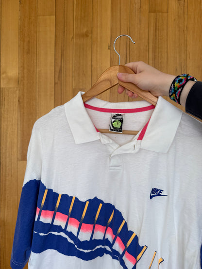 1990's Nike Tennis Challenge Court Polo Shirt - White/Blue/Pink