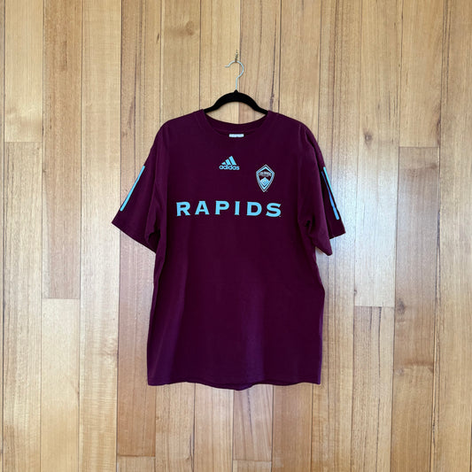 Colorado Rapids purple Adidas Originals t-shirt front view - vintage MLS soccer tee with blue print