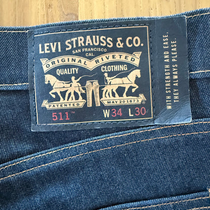 Close-up of Levis label on dark blue 511 skateboard jeans