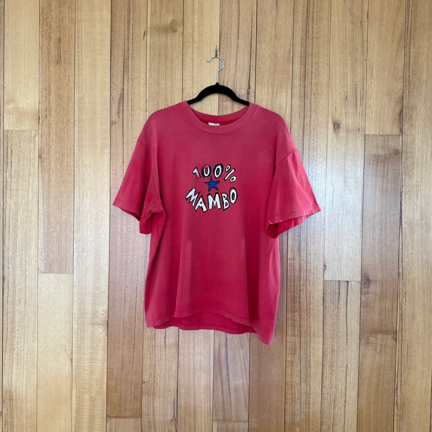 Vintage Mambo T-Shirt in red with multi-color surf art design - front view