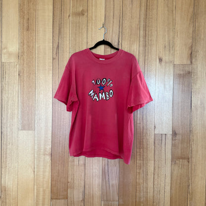 Vintage Mambo T-Shirt in red with multi-color surf art design - front view