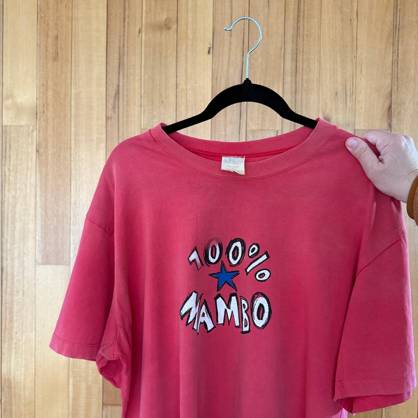 Mambo label detail on red 1980s Australian surf culture t-shirt