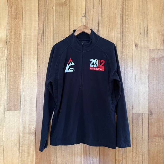 Nike Hood to Coast 2012 Therma-Fit half-zip fleece in black with white and red relay race graphic, pre-owned condition