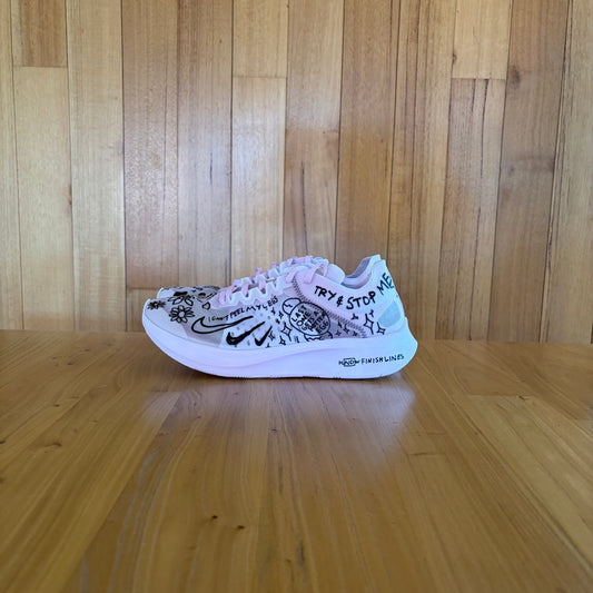 Nike Nathan Bell x Zoom Fly SP Doodles running shoe in white and pink foam with hand-drawn illustrations, new without box