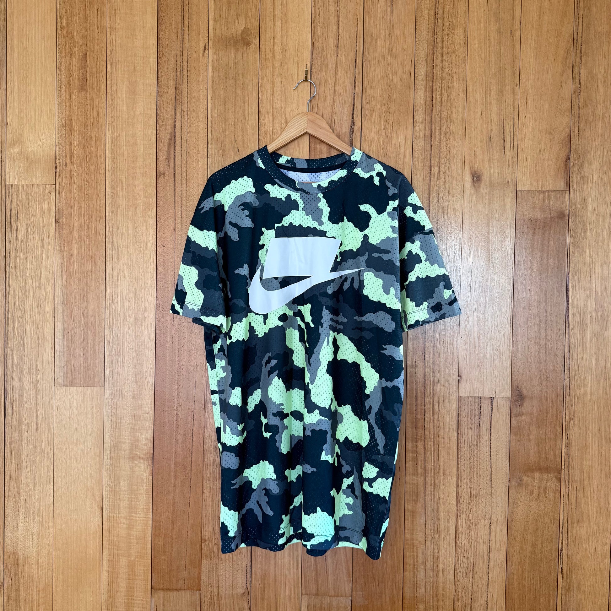 Nike Sportswear Mesh Camo T-Shirt in green and yellow camo with white print - front view of Fall 2018 mesh tee 928627-372