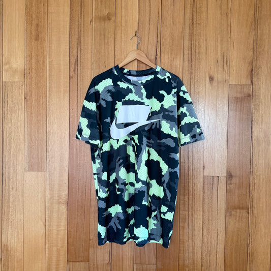 Nike Sportswear Mesh Camo T-Shirt in green and yellow camo with white print - front view of Fall 2018 mesh tee 928627-372