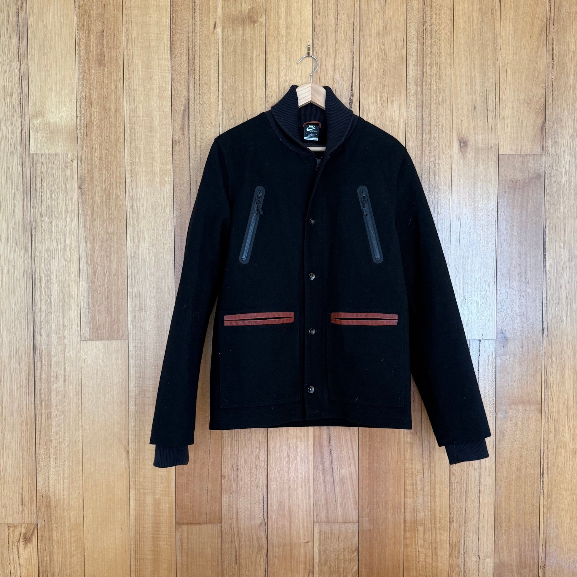 Nike Sportswear wool jacket in black with removable down insert, premium wool construction, Holiday 2012 release, pre-owned condition