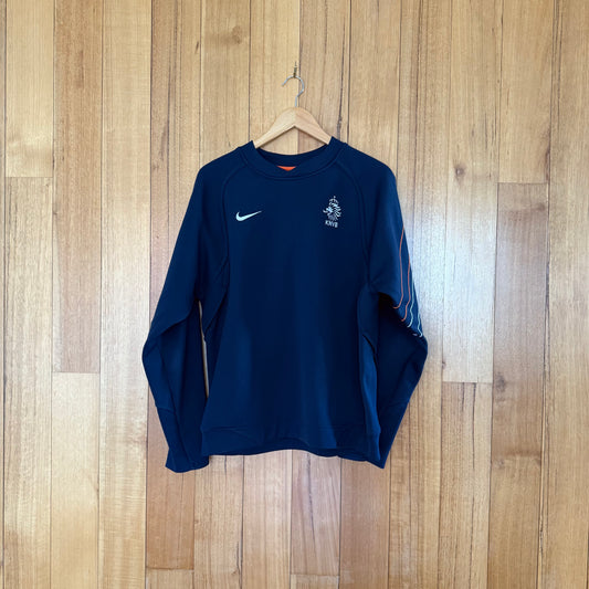 Nike Team Netherlands KNVB Crew Sweatshirt in blue with orange and white print - front view of 2006 Dutch soccer sweatshirt 126329