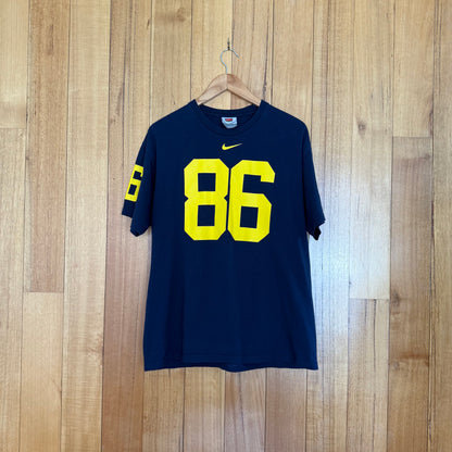 Nike Team University of Michigan 86 Football T-shirt in blue with yellow print, authentic 1994 vintage college football tee, pre-owned condition