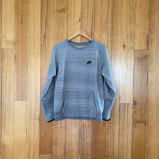 Nike Tech Fleece Crew Sweatshirt in grey with black print - front view of Spring 2014 sportswear sweatshirt 585185-063