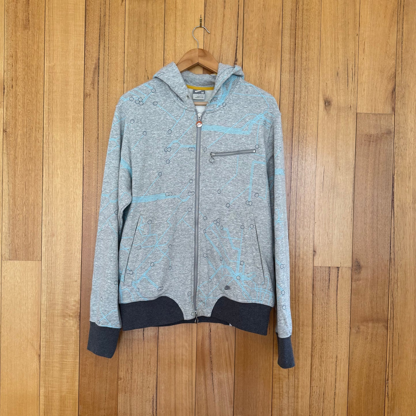 Nike The Dunk 07 full-zip hoodie in grey with blue and yellow print celebrating the Nike Dunk sneaker, 2007 release, pre-owned condition