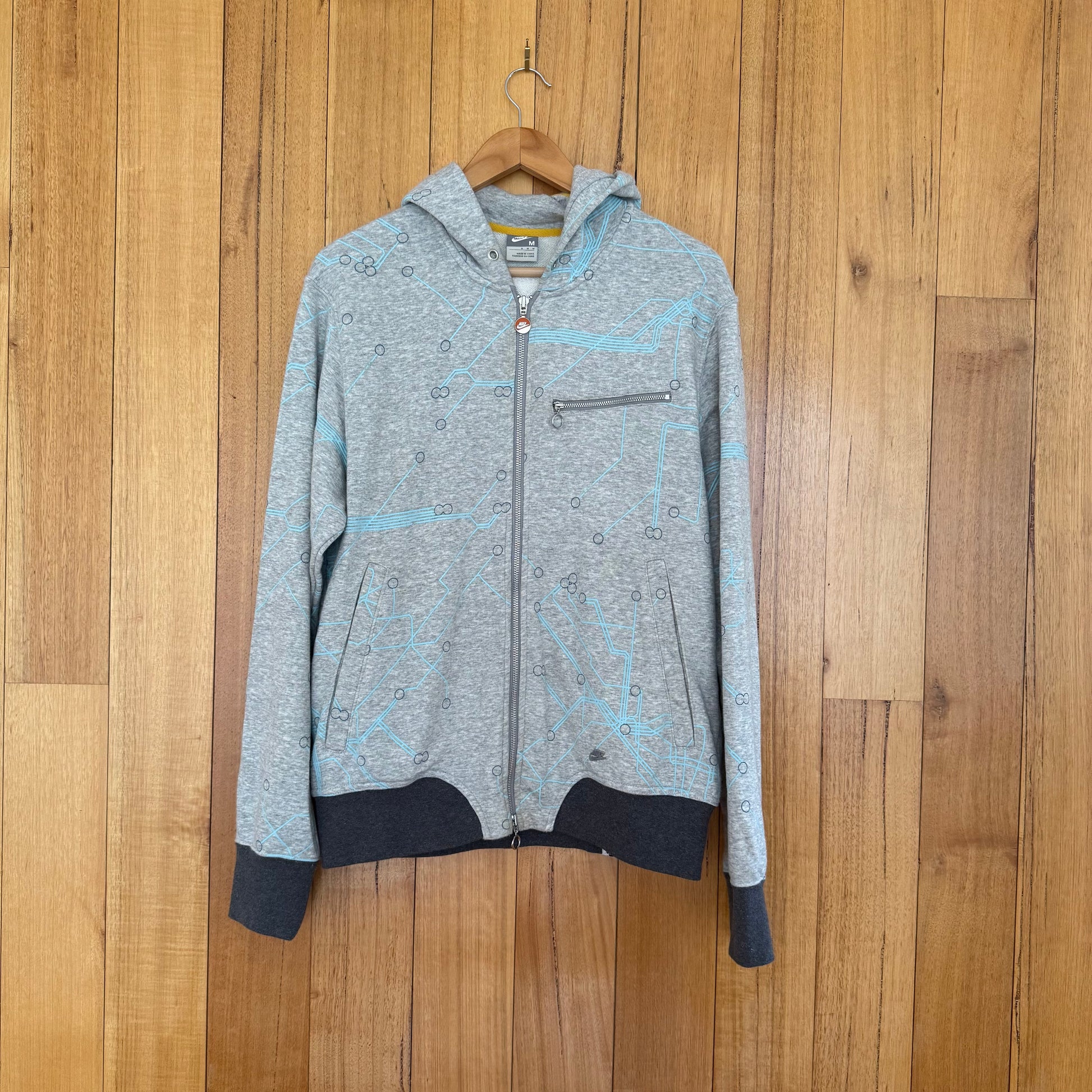 Nike The Dunk 07 full-zip hoodie in grey with blue and yellow print celebrating the Nike Dunk sneaker, 2007 release, pre-owned condition