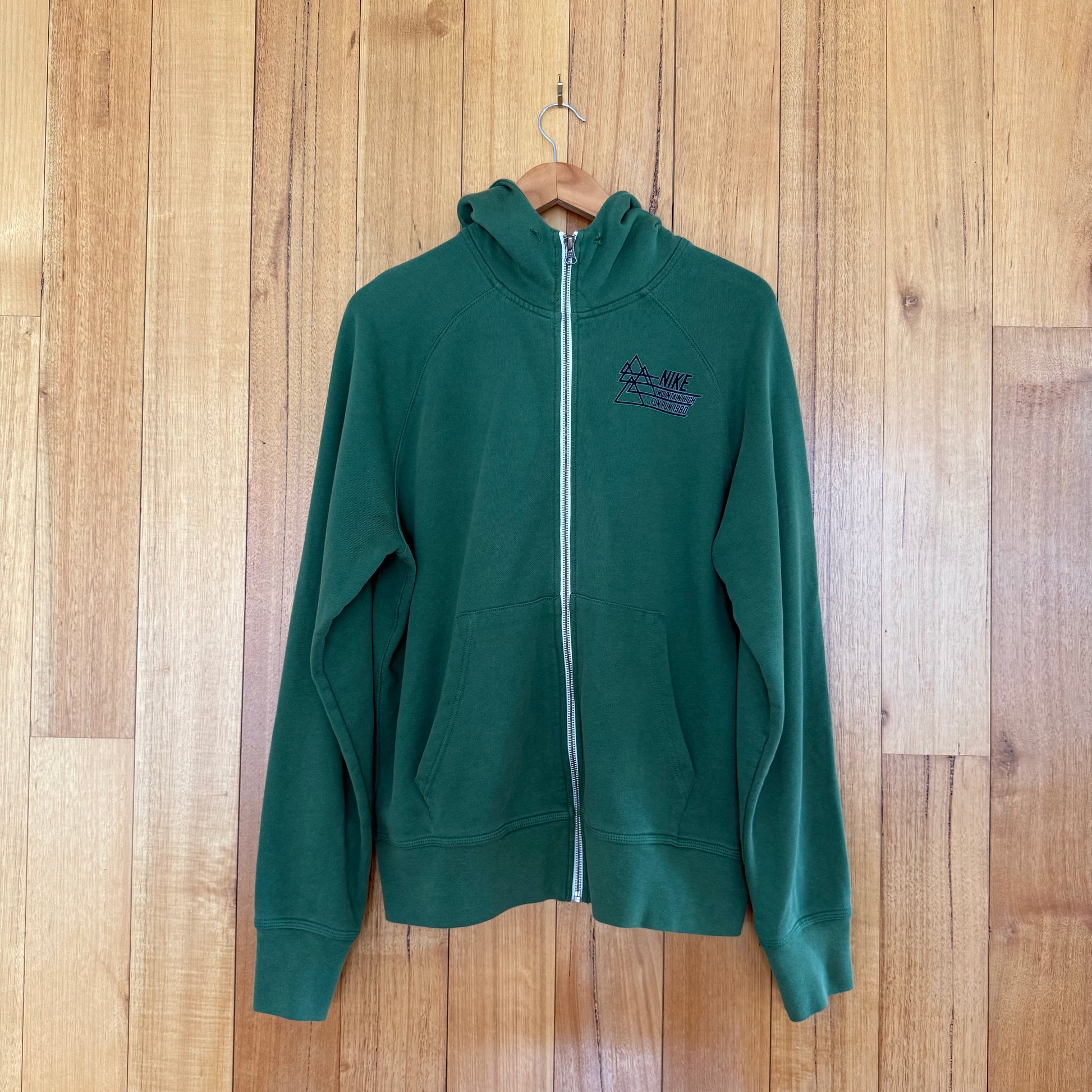 Nike Track & Field Mountain High Fun Run 1980 full-zip hoodie in green with black retro running graphic, Fall 2012 release, pre-owned condition