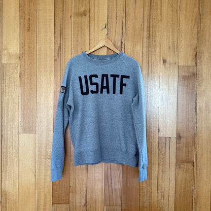 Nike USATF Crew Sweatshirt in grey with dark grey print - front view of Spring 2012 sample sweatshirt 452136-063