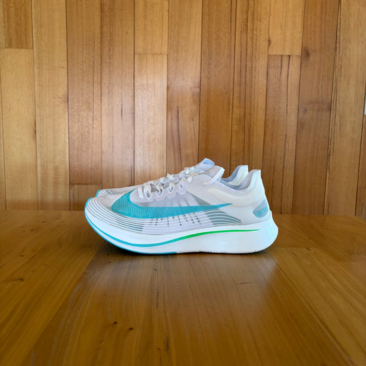 Nike Zoom Fly SP London running shoe in white with rage green swoosh from Breaking 2 City Pack, stopwatch heel detail, new without box