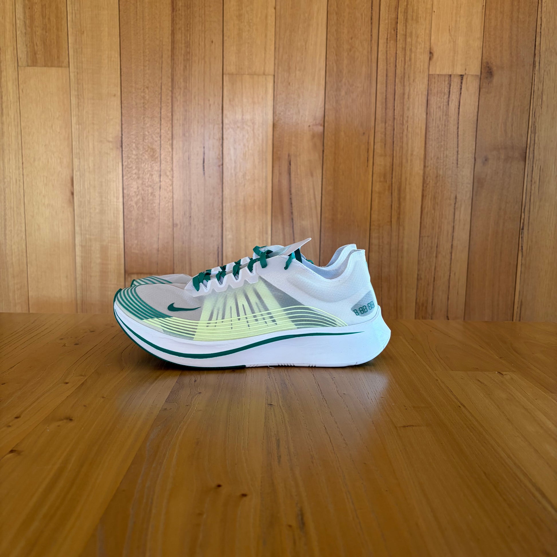 NikeLab Zoom Fly SP Hong Kong running shoe in white with Lucid Green accents and stopwatch graphic, new without box