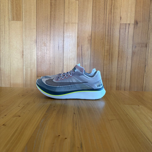 NikeLab Zoom Fly SP Sepia Stone running shoe with translucent tan upper and reflective details, white Lunarlon midsole, new without box